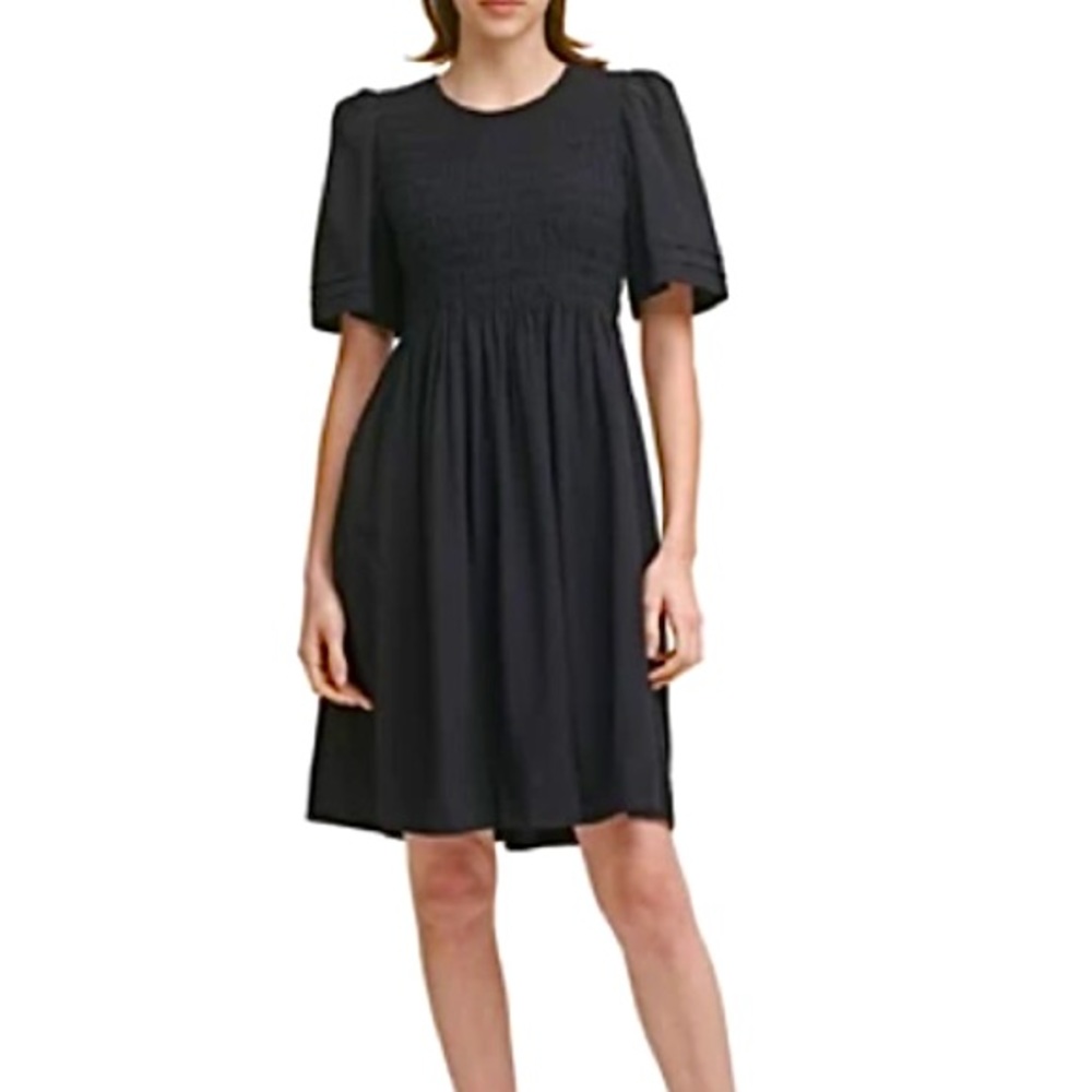 Calvin Klein Smocked Knee Length Wrinkled Crepe Black Dress